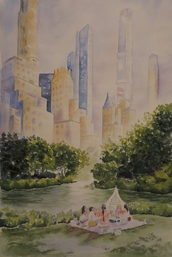 Picknick im Central Park par Steffi Rodigas, Œuvre sur papier en vente sur Singulart