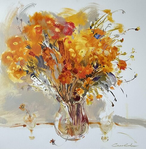 Bright flowers - "Sunny bouquet" - Oil painting - 2021 de Olga Soloviova, Pintura a la venta en Singulart