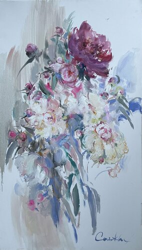 Bright flowers - "Peonies" - Oil painting - 2021 di Olga Soloviova, Pittura in vendita su Singulart