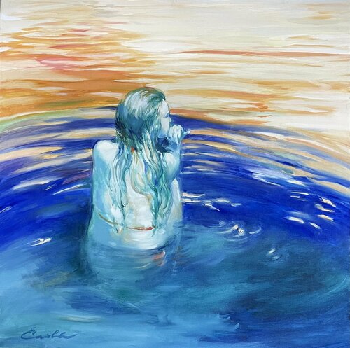 Bright nude girl - "Color river" - Oil painting - 2020 van Olga Soloviova, Schilderij te koop op Singulart