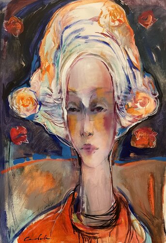 Modern portrait-,,Girl with orange flowers,, -Beautiful Girl- Expressionism-Modern-Black&Orange-Mysterious girl di Olga Soloviova, Pittura in vendita su Singulart