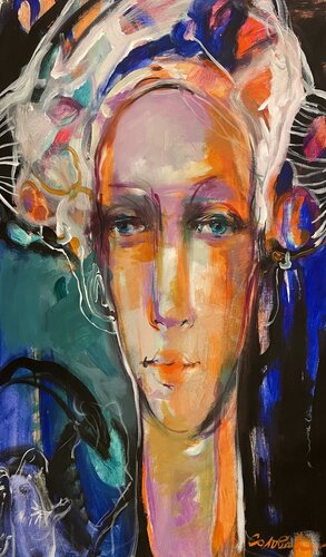 Modern portrait- Girl with orange light -Beautiful girl-Expressionism-Blue&Orange-Memories von Olga Soloviova, Malerei kaufen auf Singulart