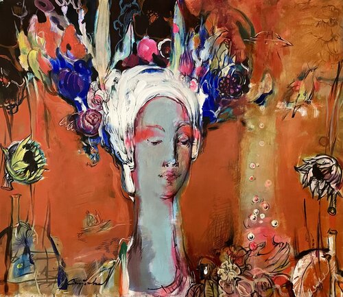 Modern portrait -"Girl in a white headscarf and blue irises in her hair"-Beautiful girl with pearls-Mystical girl- Blue&Read-Orange von Olga Soloviova, Malerei kaufen auf Singulart