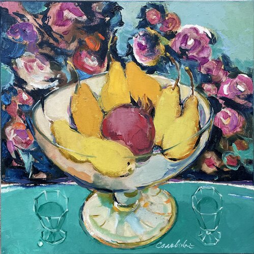 Bright Still life -"Still life with pomegranate" -Pears and pomegranate -Calvados- Flower evening and calvados -Summer evening-Yellow pears-Yellow&Turquoise Olga Soloviova