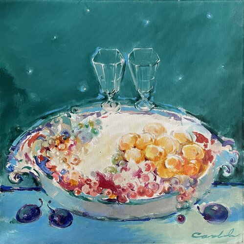 "GREEN CALVADOS"-Fruits snd calvados-'' TURQUOISE NIGHT"-Two glasses -Summer day-Fruit vodka -Meeting together- Modern still life di Olga Soloviova, Pittura in vendita su Singulart