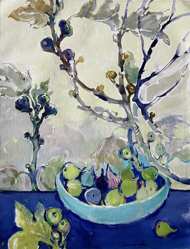 FIGS SEASON-" COLORED FIGS ON THE BLUE "-Fig branches- Sammer day-White&Blue-Modern still life von Olga Soloviova, Malerei kaufen auf Singulart
