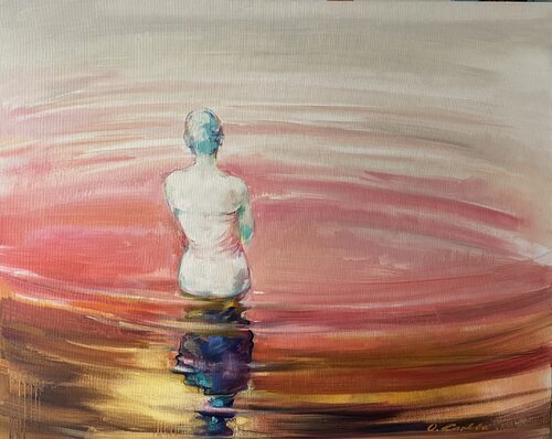 "PINK GLASSES"-Dreams-Pink sunset-Gray&PINK-LOOKING AT THE GORIZON-Woman-Modern landscape Olga Soloviova