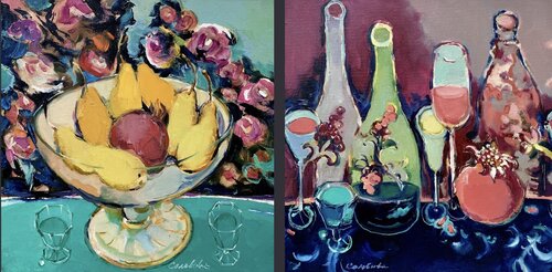 DIPTYCH   "RED WINE AND YELLOW PEARS" "SAMER EVENING"  " FLOWER EVENING AND CALVADOS"  "YELLOW&TURQUOISE"  " RED&BLUE"   "BARDO EVENING WITH RED WINE" van Olga Soloviova, Schilderij te koop op Singulart