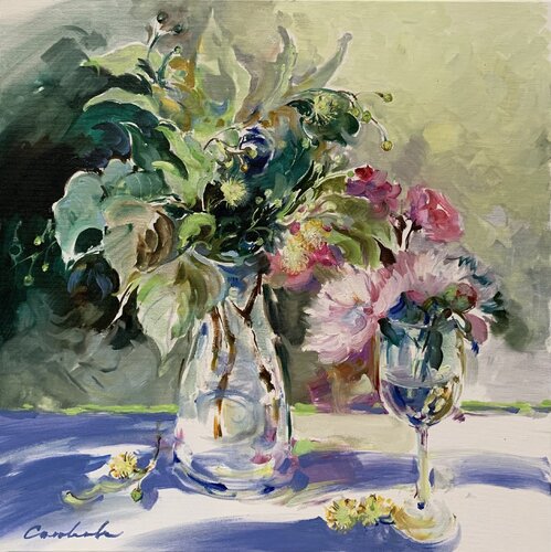 "Spring flowers". "  When the linden blossoms " "Blooming linden and peonies". "Sunlight and flowers".  "Delicate yellow and pink".  "YELLOW&PINK" Olga Soloviova