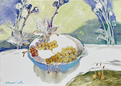 "CALM" "SAMMER CALM"  "Cherries on a white tablecloth" "Summer heat" "YELLOW CHERRY"  "Blue  figs and cherries"  "White&Yellow "  "RED&YELLOW"  "Delicate still life" von Olga Soloviova, Malerei kaufen auf Singulart