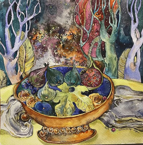 ,,FIG SEASON,,-small watercolor painting -ripe figs-mysterious forest- blue trees and figs-Golden vase with figs-Yellow roses and figs- Fruit and blossom in a golden vase von Olga Soloviova, Malerei kaufen auf Singulart