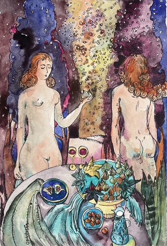 ,, Two glasses of wine,  -small watercolour painting  -Under the night stars-Two women-Love story-Blue Forest Mystery-Young women with red hair par Olga Soloviova, Peinture en vente sur Singulart