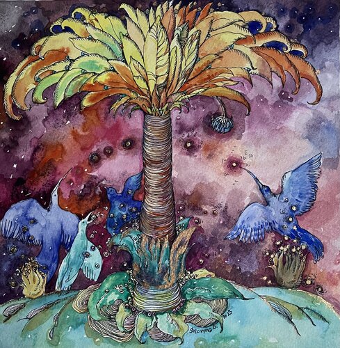 ,,Golden palm- small watercolour painting -Blue birds and golden palm-Pink&yellow&blue-Magic bowl-Faery palm-Magical forest von Olga Soloviova, Malerei kaufen auf Singulart