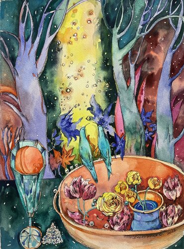 ,,Still life with orange wine and blue birds,,   watercolour miniature-Yellow&Orange&Blue- Night forest-  Orange wine in green Bowl -BLUE FLOWERS -ORANGE WINE van Olga Soloviova, Schilderij te koop op Singulart