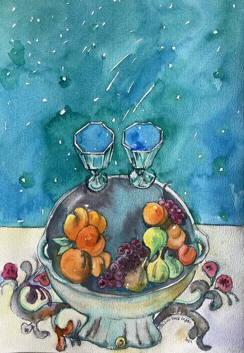 ,,CALVADOS,,  -small watercolour painting -fruit drink-Turquoise sky-The drink of the gods-Turquoise color&Orange-Summer day van Olga Soloviova, Schilderij te koop op Singulart