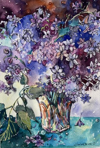 ,,Lilac branch in a glass,,-small watercolour  painting-LILAC-spring-Lilac fragrance-Purple  Lilac van Olga Soloviova, Schilderij te koop op Singulart