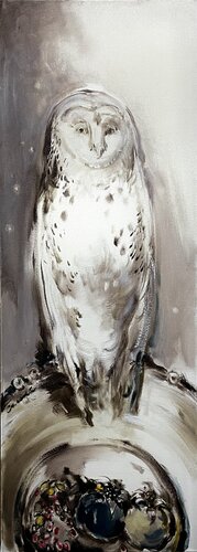 ''BLUE POMEGRANATE''-  Series"Birds"- White&Grey -Winter  bird-OWL-White owl by Olga Soloviova, Painting for Sale on Singulart