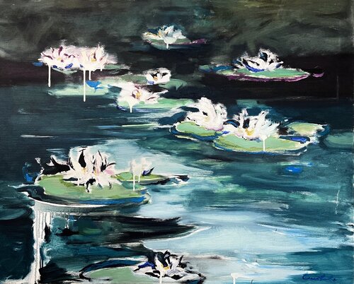 'Water lilies''-White water lilies on a dark background-WHITE&GREEN-Night flower-Water lilies on the water di Olga Soloviova, Pittura in vendita su Singulart