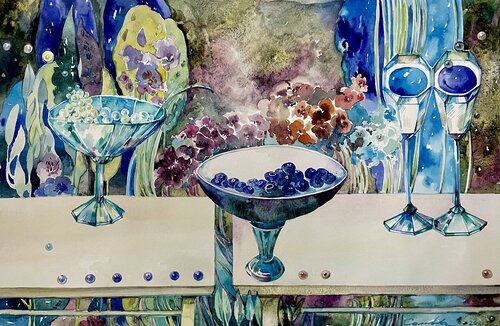 ''BLUE WINE''-Blue berries and blue wine-Pearls of life-On a white tablecloth-Still life with blue wine-White&Blue von Olga Soloviova, Malerei kaufen auf Singulart