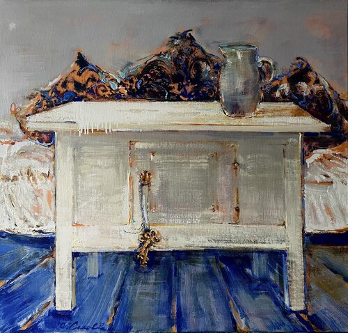 ROOM WITH COLORED PILLOWS"-White  table-Still life with a white table-Jug of milk- COLORED PILLOW -WHITE&BLUE di Olga Soloviova, Pittura in vendita su Singulart