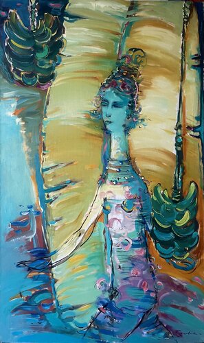 "Running along the blue ocean''-Caribbean girl -Running on the waves-Girl and palm leaf-Green& blue&yellow van Olga Soloviova, Schilderij te koop op Singulart