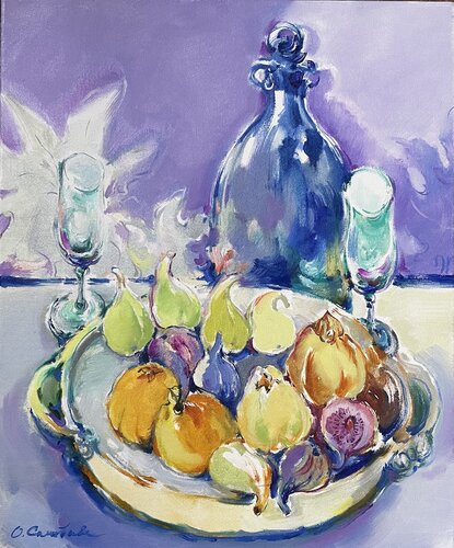 "FIG WINE"  "Colored figs" "Yellow&Purple&Blue" "Purple evening and figs" van Olga Soloviova, Schilderij te koop op Singulart