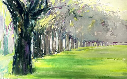 THE SPRING  Green failed in the park   new life  Green colour-colour of the hope  Trees  Spring road   One day of spring  Park in England  Green day van Olga Soloviova, Schilderij te koop op Singulart