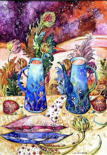 "STILL LIFE WITH BLUE TEAPOTS"  EVENING DREAMS  Evening with artichokes   Figs and artichokes  Blue teapots  Still life with pillows van Olga Soloviova, Schilderij te koop op Singulart