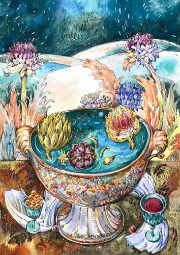 EVENING DREAMS  STILL LIFE WITH A BOWL  Green sky   The bowl of artichokes  Colourful artichokes  and Green sky von Olga Soloviova, Malerei kaufen auf Singulart