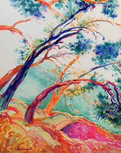 GARDENS OF EDEN  -  Pink-orange trees  -Gardens by the sea  -The Garden of Eden-Rainbow trees di Olga Soloviova, Pittura in vendita su Singulart