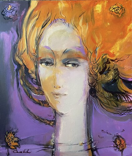 GIRL WITH RED HIAR  - ORANGE MOOD -FEMALE  IMAGE -PURPLE EVENING -FEMALE VIEW -fiery passion -ORAGE PORTAL von Olga Soloviova, Malerei kaufen auf Singulart
