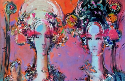 BRIGHT DAHLIAS  -TWO GIRLS -PINK LOVE -girls in bright scarves -LIGHT IN THE PALMS -Series DAHLIAS -PEARL DAY de Olga Soloviova, Pintura a la venta en Singulart