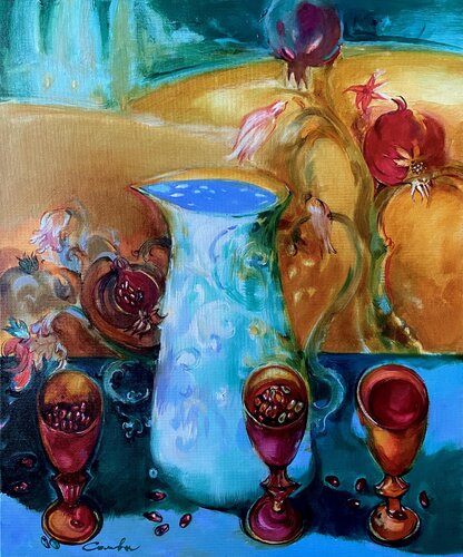 HOUSE NEAR THE POMEGRANATE TREE -  POMEGRANATE TREE - THREE BOWLS  -Still life a white jug and a pomegranate branch - Blue jag -The red pomegranate seeds von Olga Soloviova, Malerei kaufen auf Singulart
