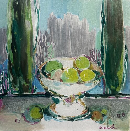HUNDRED SHADES OF GREEN - GREEN SHADES -GREEN FRUITS -The poplars and limes -Green fruits in a white vase  -Still life in grey green colours - Spring von Olga Soloviova, Malerei kaufen auf Singulart