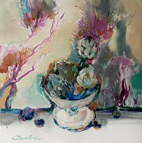 STill life with  artichokes  -Artichokes on a background of a pink trees -exotic evening -still life in silvery pink tones -artichokes in the white vase di Olga Soloviova, Pittura in vendita su Singulart