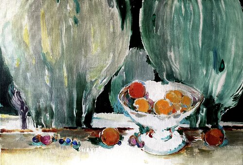 STII LIFE BETWEEN TREES - SICILIAN ORANGES - BETWEEN THE GREY TREES -GREY AND ORANG -SILVER TREES von Olga Soloviova, Malerei kaufen auf Singulart