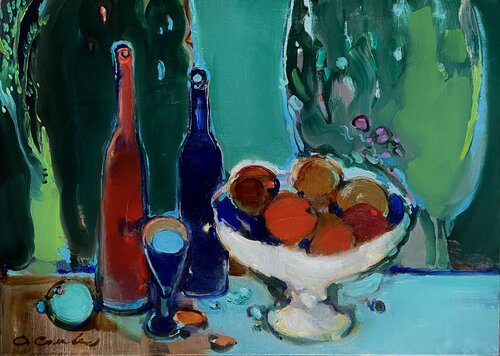GREEN NIGHT -BLUE WINE -Green night and Blue wine -Red oranges -GREEN AND RED di Olga Soloviova, Pittura in vendita su Singulart