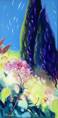 SUMMER FLOVER-HYDRANGEA BRANCH-Two cypress-Gardens of  Eden-Pink flower von Olga Soloviova, Malerei kaufen auf Singulart