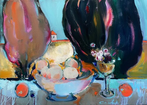 HOUSE WITH A RED ROOF- RED LINE- Still life with oranges-Big trees near the house- Still life with a small house in the background Olga Soloviova