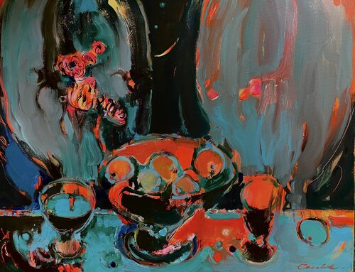 RED MOON-RED LIGHT-red and black-Red light-Still life in a red tones-Moon in the sky von Olga Soloviova, Malerei kaufen auf Singulart
