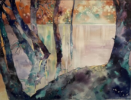 LIGHT ON THE OTHER SIDE-LIGHT-TREES IN THE WATER  - COLOURFUL NIGHT- Blue trees di Olga Soloviova, Pittura in vendita su Singulart
