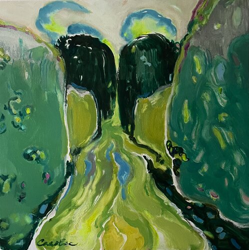 GREEN ROAD- ARLEY GARDENS-GREEN CLOUDS-Lendscape in green tones-Green Summer di Olga Soloviova, Pittura in vendita su Singulart