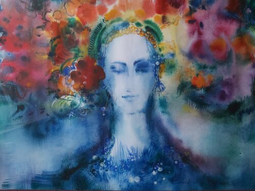 Ukrainian girl in a wreath-Red flowers in a wreath-Beautiful girl-Red&Blue-Summer day-Fragile&Strong von Olga Soloviova, Malerei kaufen auf Singulart