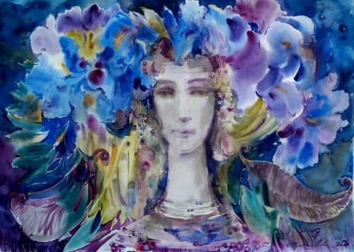 Iris wreath di Olga Soloviova, Opera su carta in vendita su Singulart