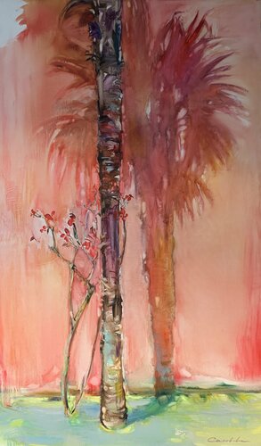 In the shadow-Red palm-Caribbean islands -"Two trees in the shadow"-Love story on the red background -Modern landscape-Red&Green van Olga Soloviova, Schilderij te koop op Singulart