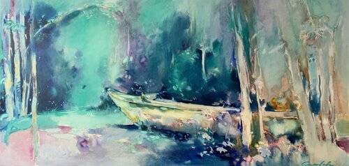 Bright landscape - "Forests boat" - Oil painting - 2019 von Olga Soloviova, Malerei kaufen auf Singulart