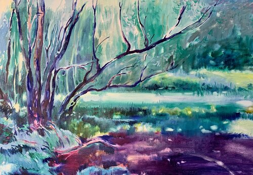 Bright landscape - "Lake in the forest" - Oil painting - Magic lake-Modern landscape -Tree by the lake-Blue&Purple Olga Soloviova