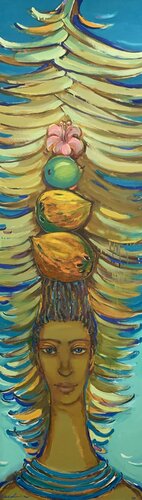 Bright girl portrait - "Fruit pyramid" - Exotic portrait - 2005 di Olga Soloviova, Pittura in vendita su Singulart