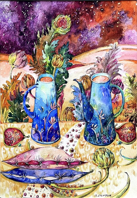 "STILL LIFE WITH BLUE TEAPOTS"  EVENING DREAMS  Evening with artichokes   Figs and artichokes  Blue teapots  Still life with pillows Olga Soloviova