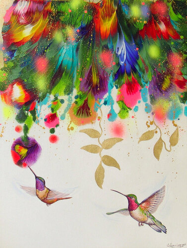 Flowers and Hummingbirds de Irini Karpikioti, Pintura a la venta en Singulart